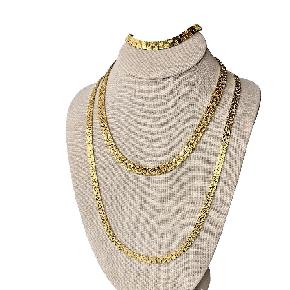 Vintage Gold Nugget Texture Chain Necklace Bracelet Set 3pc Layered Retro 70s